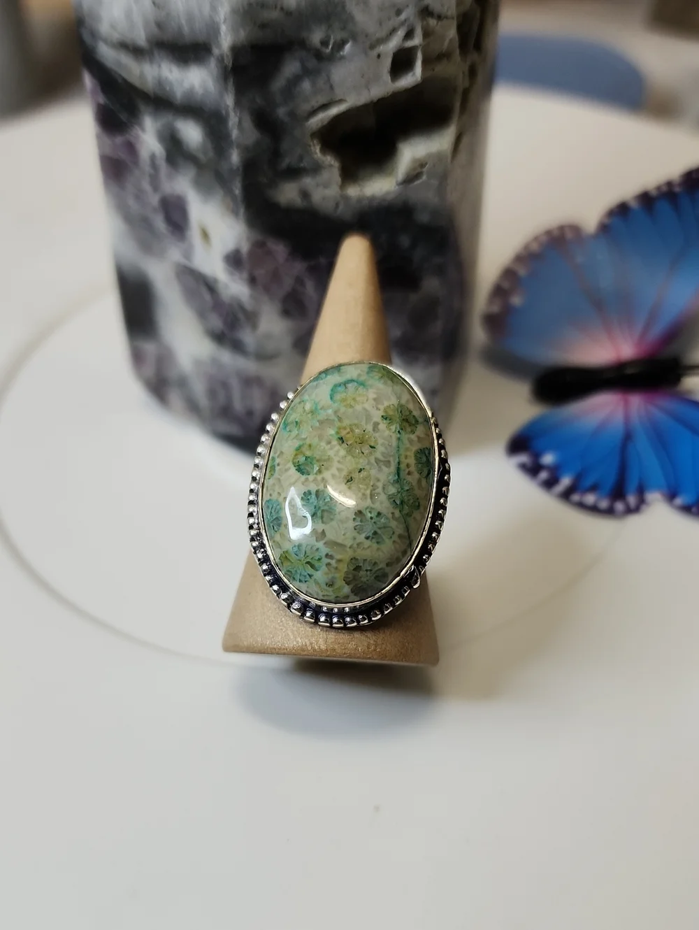 Green Fossil Coral Oval Ring